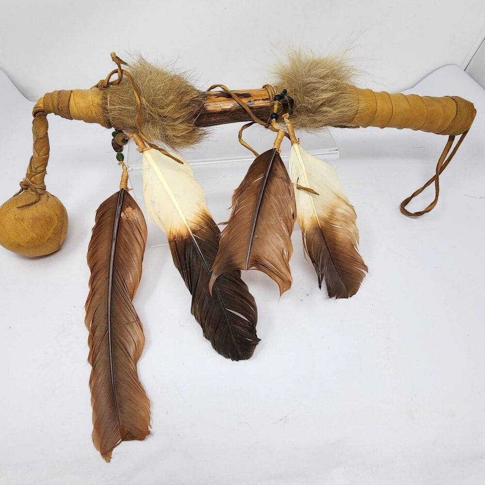 Native American Handmade 17" Bola Leather and Feather Accents  AS IS Condition